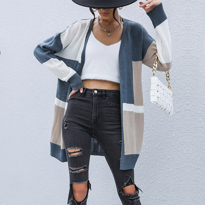 Damen Oversize-Longcardigan mit Colorblock-Design, offener Front und gerippten Bündchen Drune