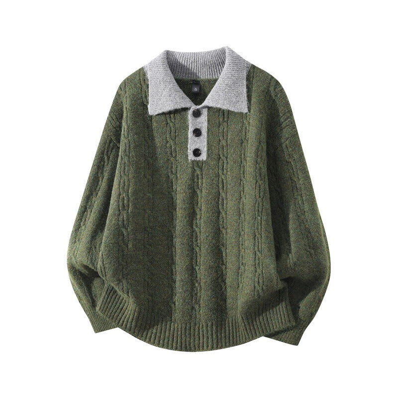 Herren Oversize Zopfmuster-Polo-Strickpullover mit Kontrastkragen und Dreiknopfleiste Drune