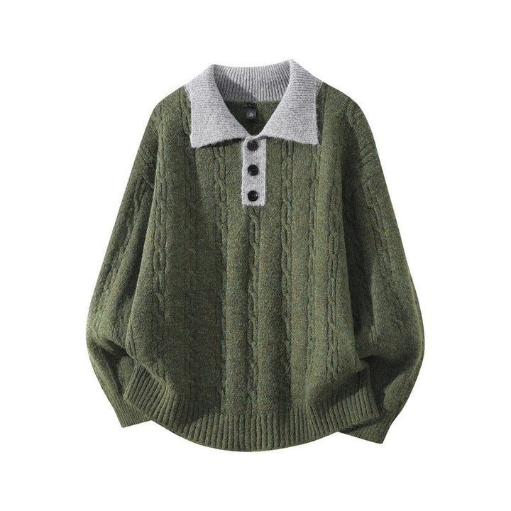 Herren Oversize Zopfmuster-Polo-Strickpullover mit Kontrastkragen und Dreiknopfleiste Drune