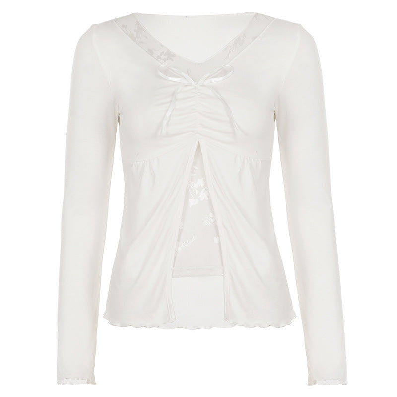 Damen Langärmeliges Stillshirt mit Front-Öffnung, Raffung und floraler Spitzeneinsatz Drune