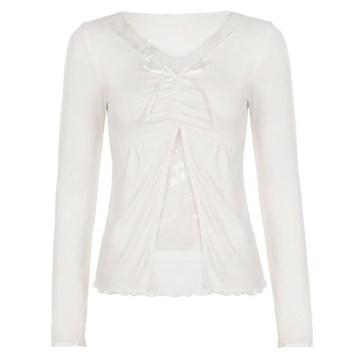 Damen Langärmeliges Stillshirt mit Front-Öffnung, Raffung und floraler Spitzeneinsatz Drune