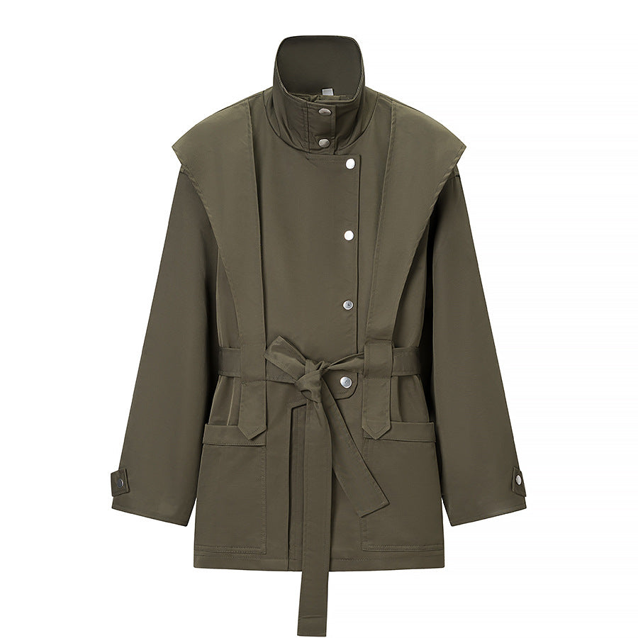Damen Taillierte Übergangsjacke mit Stehkragen, Schultercape und Bindegürtel Drune