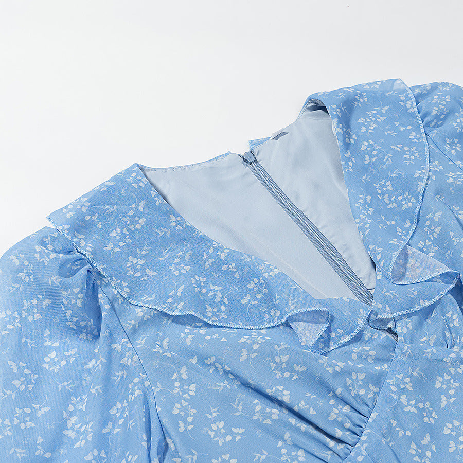 Damen Romantisches Stufen-Rüschen-Maxikleid mit V-Ausschnitt und Glockenärmeln Drune