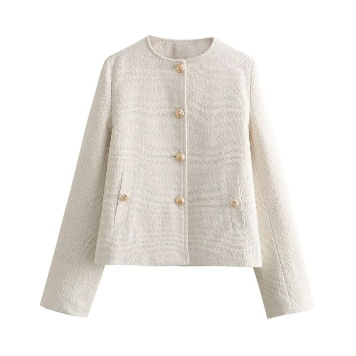 Damen Boxy-Boucléjacke mit Rundhalsausschnitt, Zierknopfleiste und Pattentaschen Drune