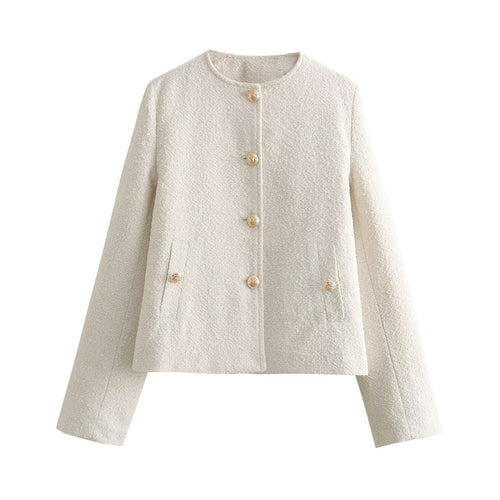 Damen Boxy-Boucléjacke mit Rundhalsausschnitt, Zierknopfleiste und Pattentaschen Drune