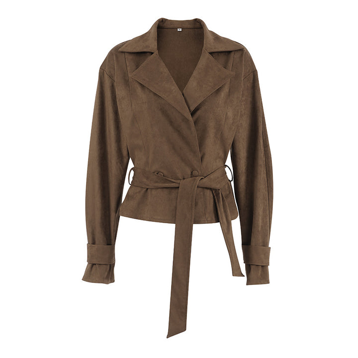 Damen Modische Suede-Blazerjacke mit tailliertem Design und Raffungen Drune
