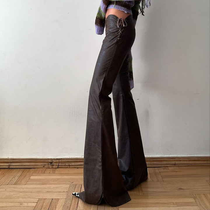 Damen High‑Waist Schlaghose aus Kunstleder mit seitlichen Zierkordeln Drune