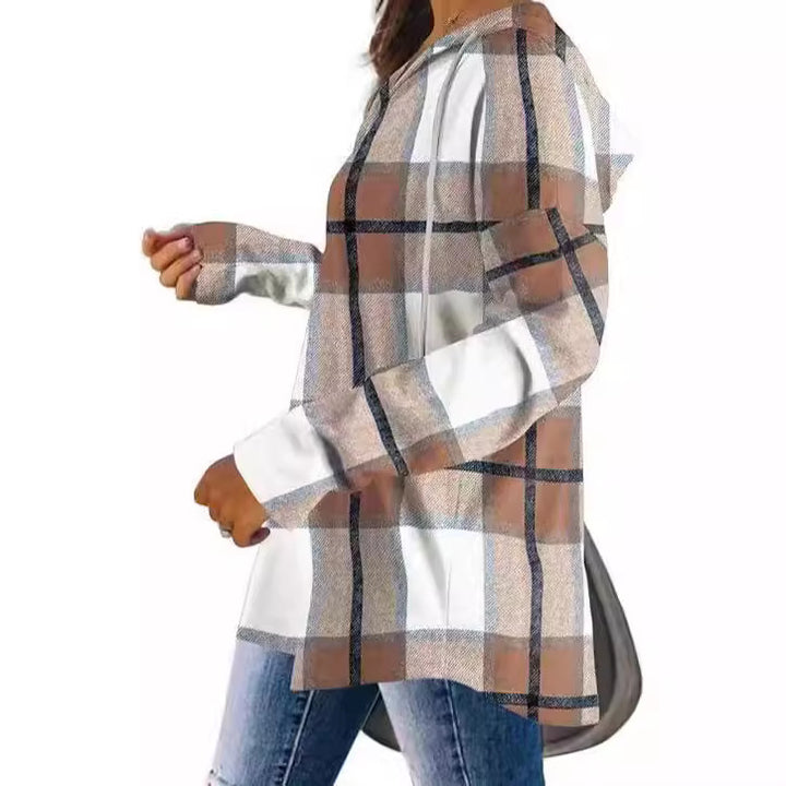 Damen lässige Karobluse mit Kapuze Drune