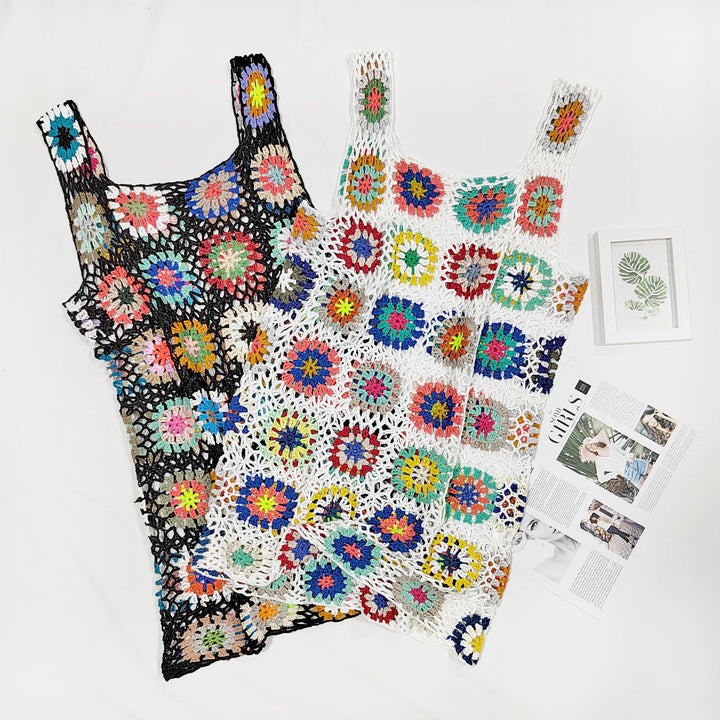Damen luftiges Häkelkleid mit buntem Granny-Quadrat-Muster Drune