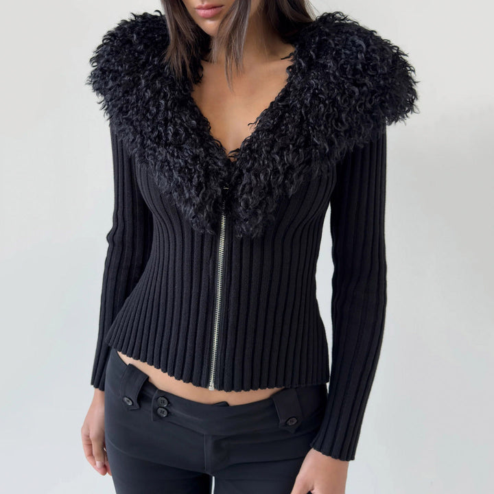 Damen Taillierter Rippstrick-Cardigan mit Reißverschluss und voluminösem Kunstfellkragen Drune