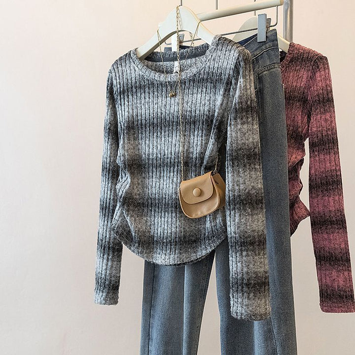 Damen Legeres Langarm-Shirt mit gestreiftem Rippmuster Drune
