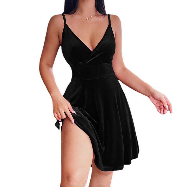 Damen edles Samtkleid im A-Linien Schnitt mit tiefem V-Ausschnitt und seitlichem Schlitz Drune