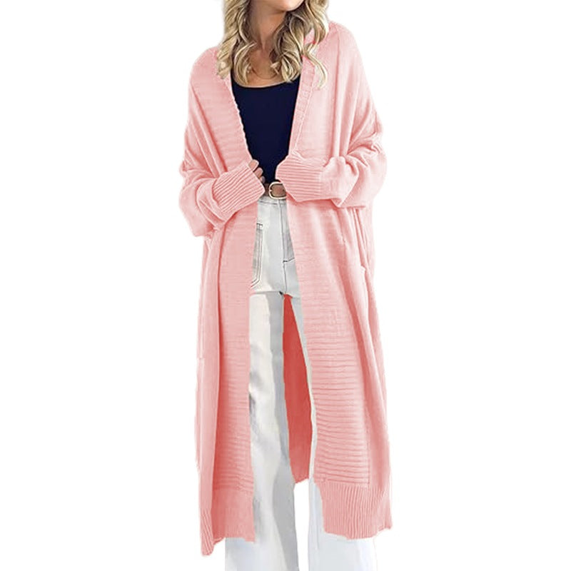 Damen Langer Strickcardigan mit offenen Taschen und strukturiertem Design Drune