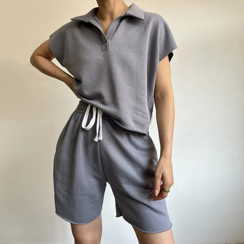 Damen lässiges Poloshirt und kurze Sweatshorts Set Drune