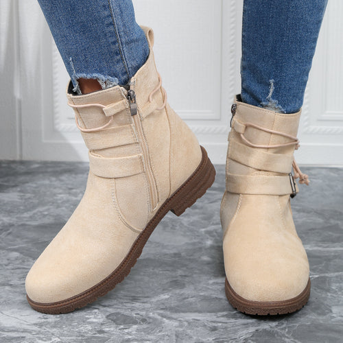 Damen nan gefütterte Ankle-Boots mit Wickelriemen, dekorativer Metallschnalle und rutschfester Profilsohle Drune