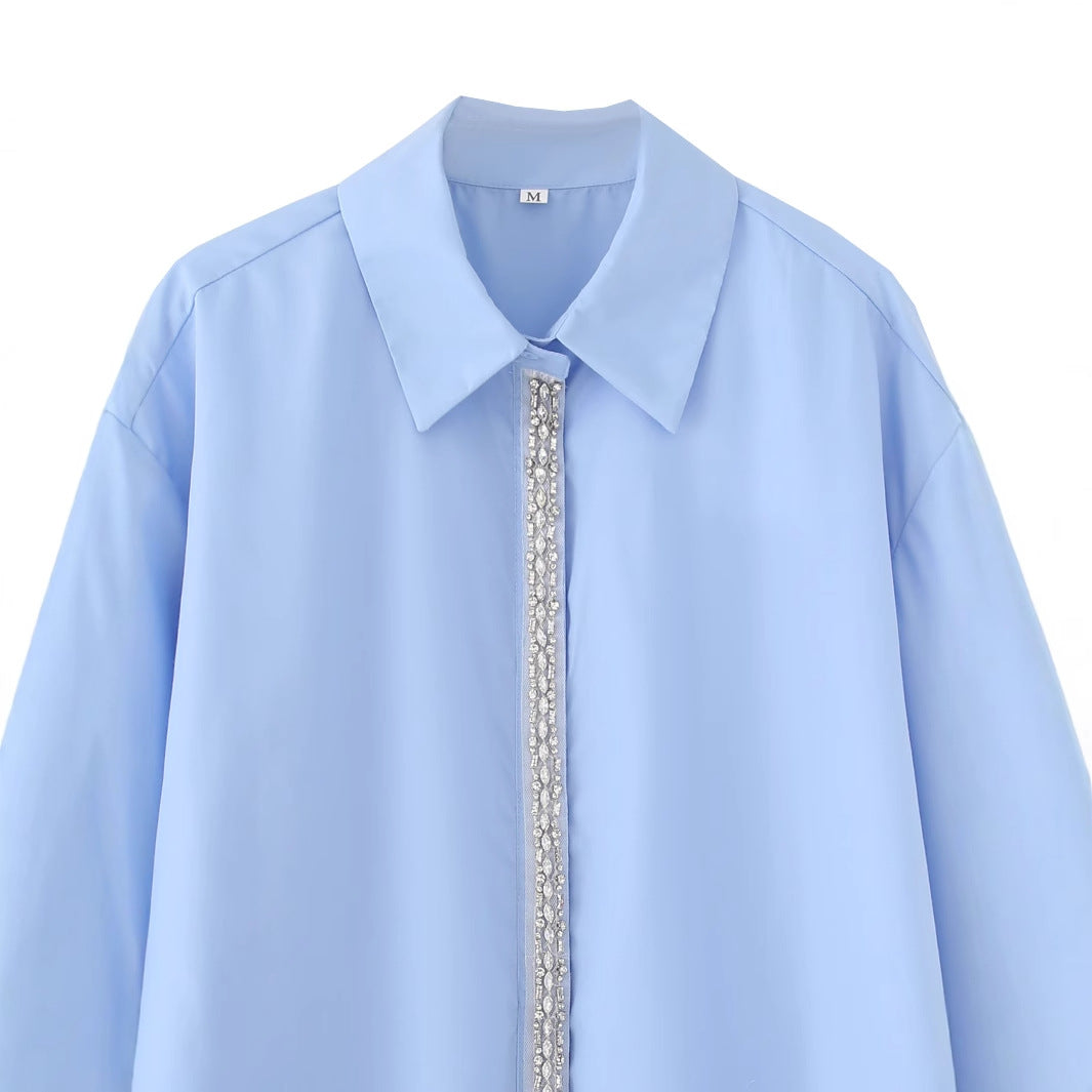 Damen nan oversized Hemdbluse mit Perlen- und Schmucksteindetail an verdeckter Knopfleiste, klassischem Kragen und gerundetem Saum Drune