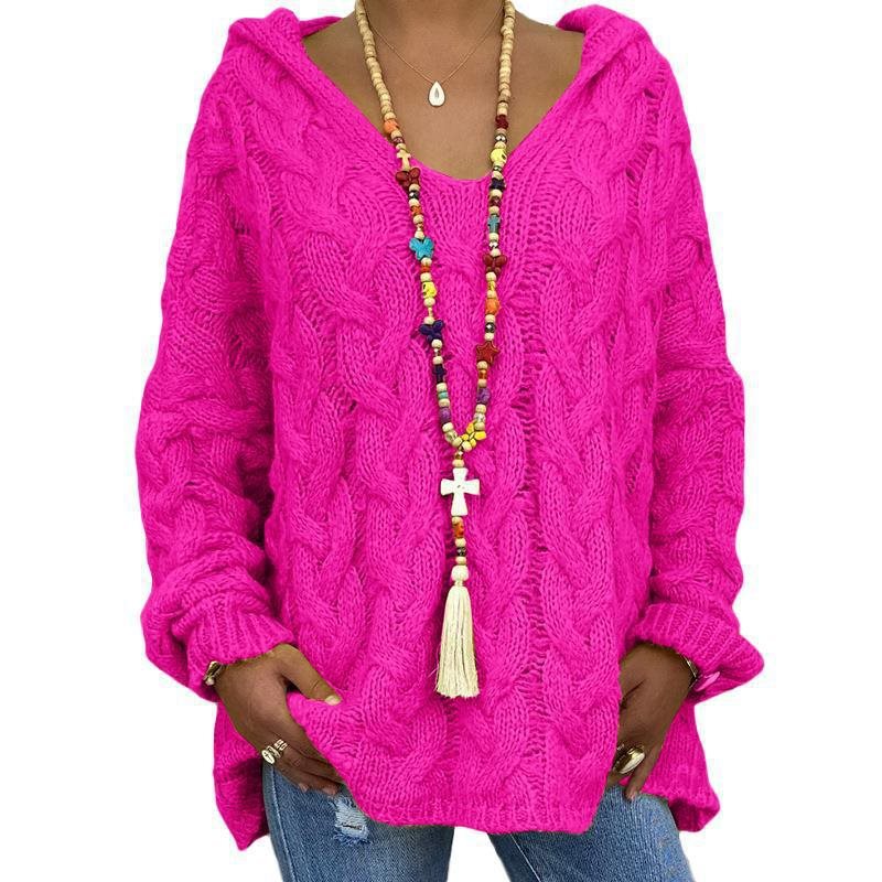 Damen Oversized Zopfmuster-Strickpullover mit Kapuze und lässigem V‑Ausschnitt Drune
