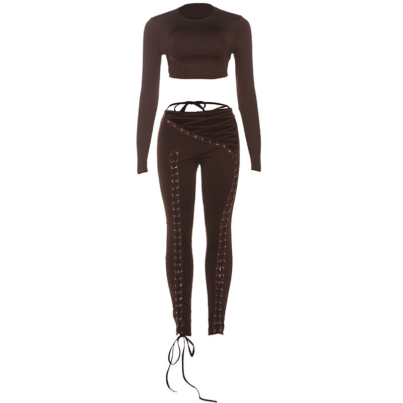 Damen Crop-Top und Hoch geschnittene Leggings mit Schnürdetails Drune