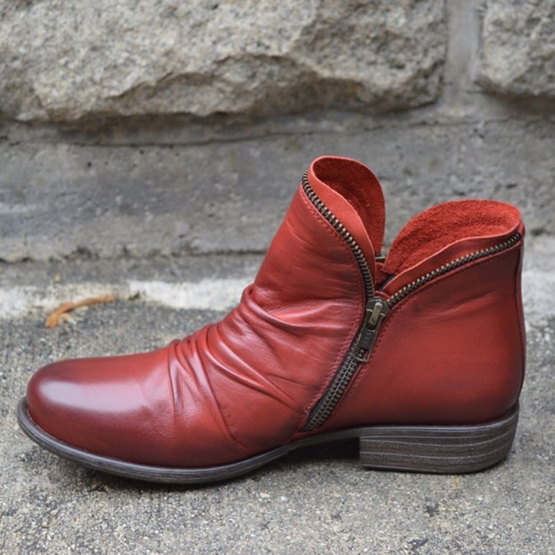 Damen Slouch‑AnklDruneoots aus Leder mit seitlichem Reißverschluss und niedrigem Blockabsatz Drune