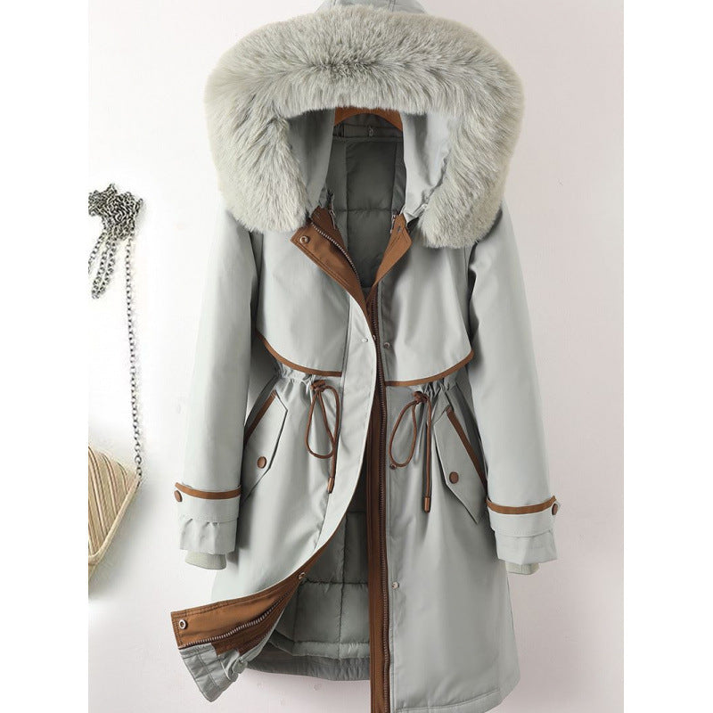 Damen nan langer Parka mit Kunstfellkapuze Taillenzug und kontrastierten Paspeln Drune