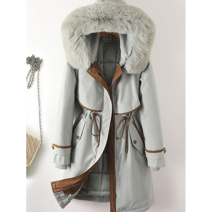 Damen nan langer Parka mit Kunstfellkapuze Taillenzug und kontrastierten Paspeln Drune