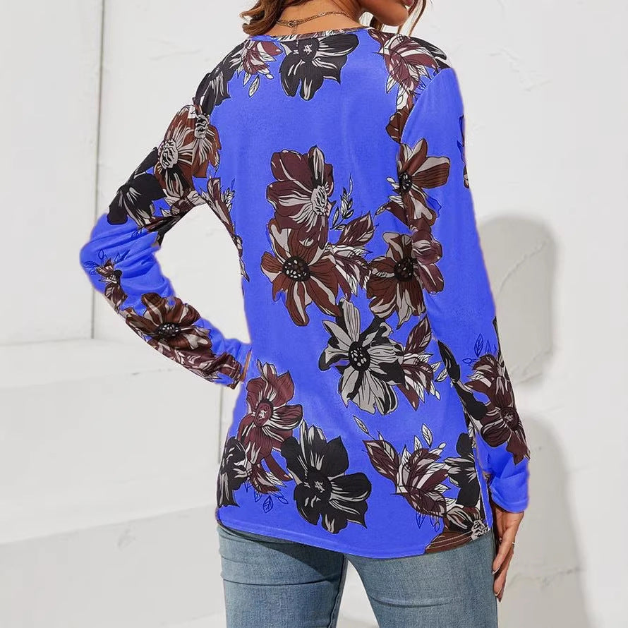 Damen Langarmshirt mit Reißverschluss V-Ausschnitt und großem Blumenmuster Drune