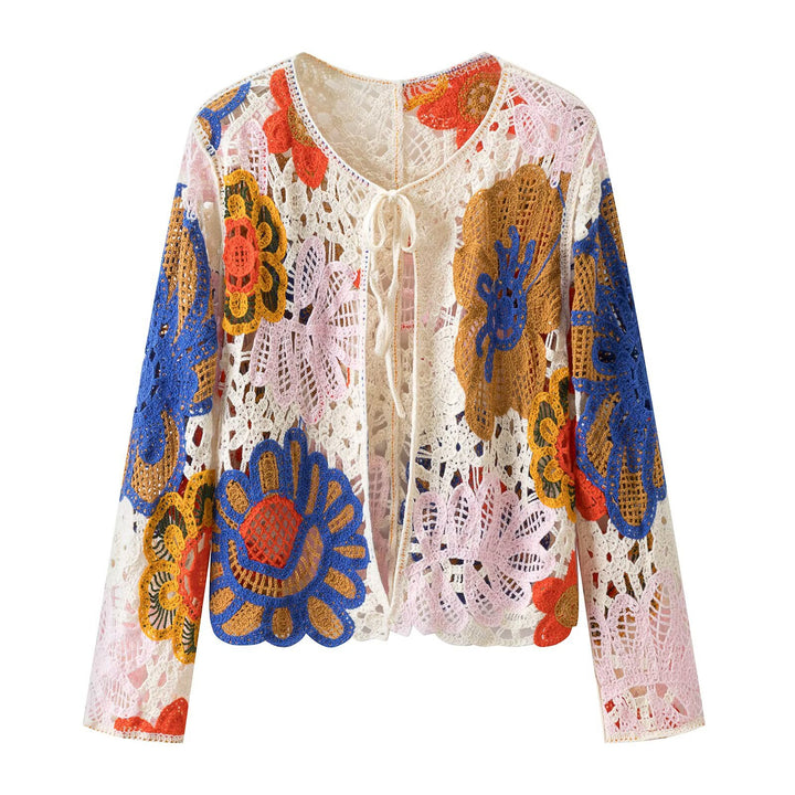 Damen Häkel-Cardigan mit floralen Applikationen und Bindeband Drune