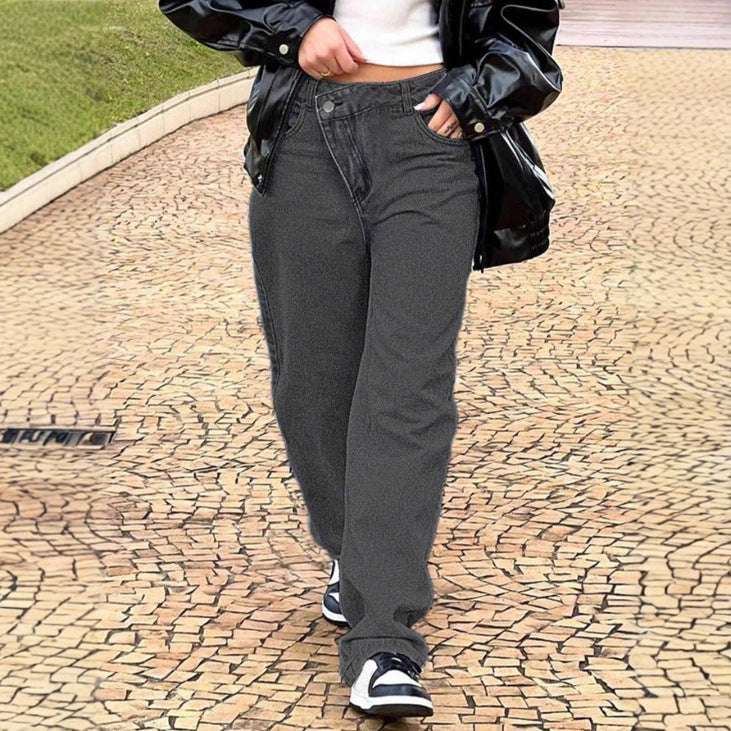 Damen hochgeschnittene locker sitzende Jeans mit weitem Bein und asymmetrischer Knopfleiste Drune