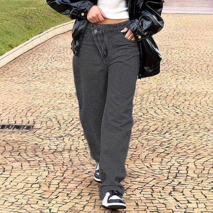 Damen hochgeschnittene locker sitzende Jeans mit weitem Bein und asymmetrischer Knopfleiste Drune