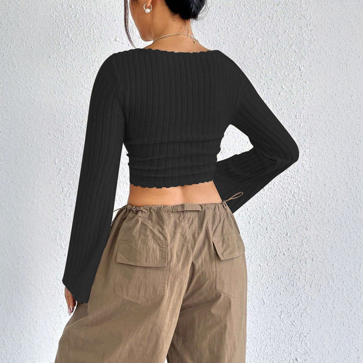 Damen geripptes Crop-Top mit quadratischem Ausschnitt, gewelltem Saum und ausgestellten Ärmeln Drune