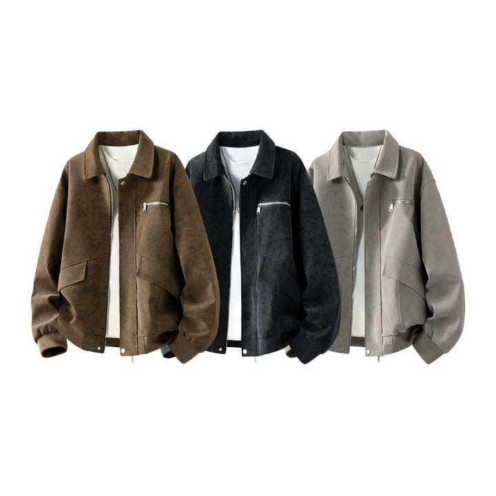 Herren Boxy-Blousonjacke im Veloursleder‑Look mit Brustreißverschluss, Pattentaschen & geripptem Saum Drune