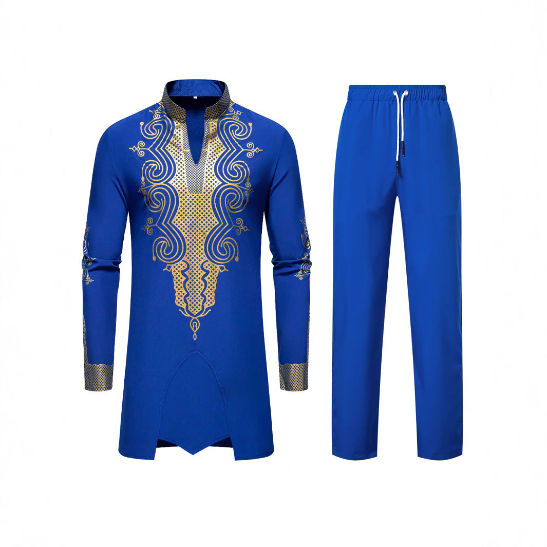 Herren Traditionelles besticktes Tunika‑Set mit Mandarinkragen und elastischer Hose Drune