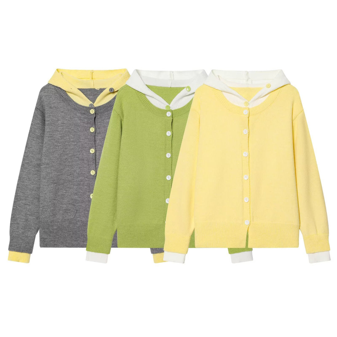 Damen Feinstrick-Cardigan mit Kapuze, Kontrastfutter und Knopfleiste Drune