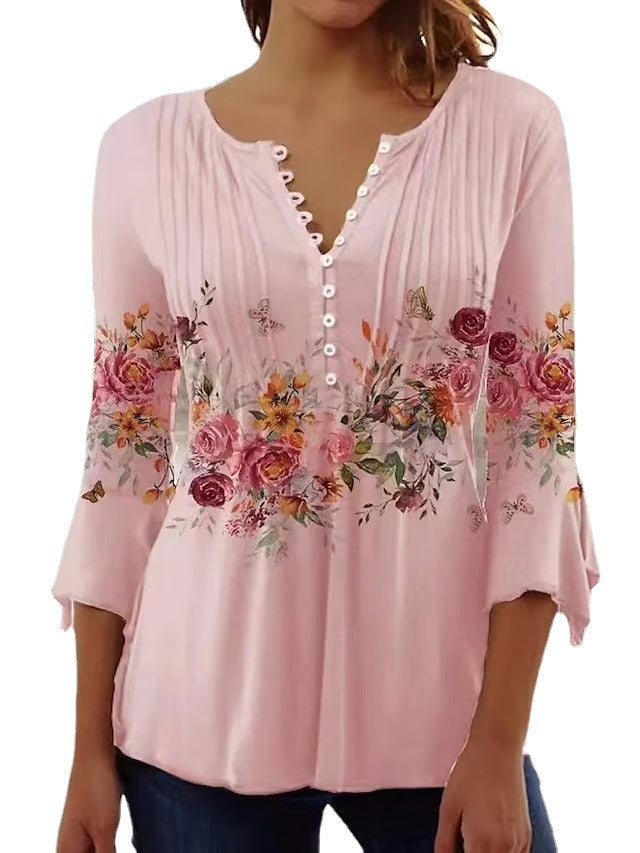 Damen nan luftige Tunika-Bluse mit Aquarell-Blumenbordüre, Kellerfalten und Dreiviertelärmeln Drune