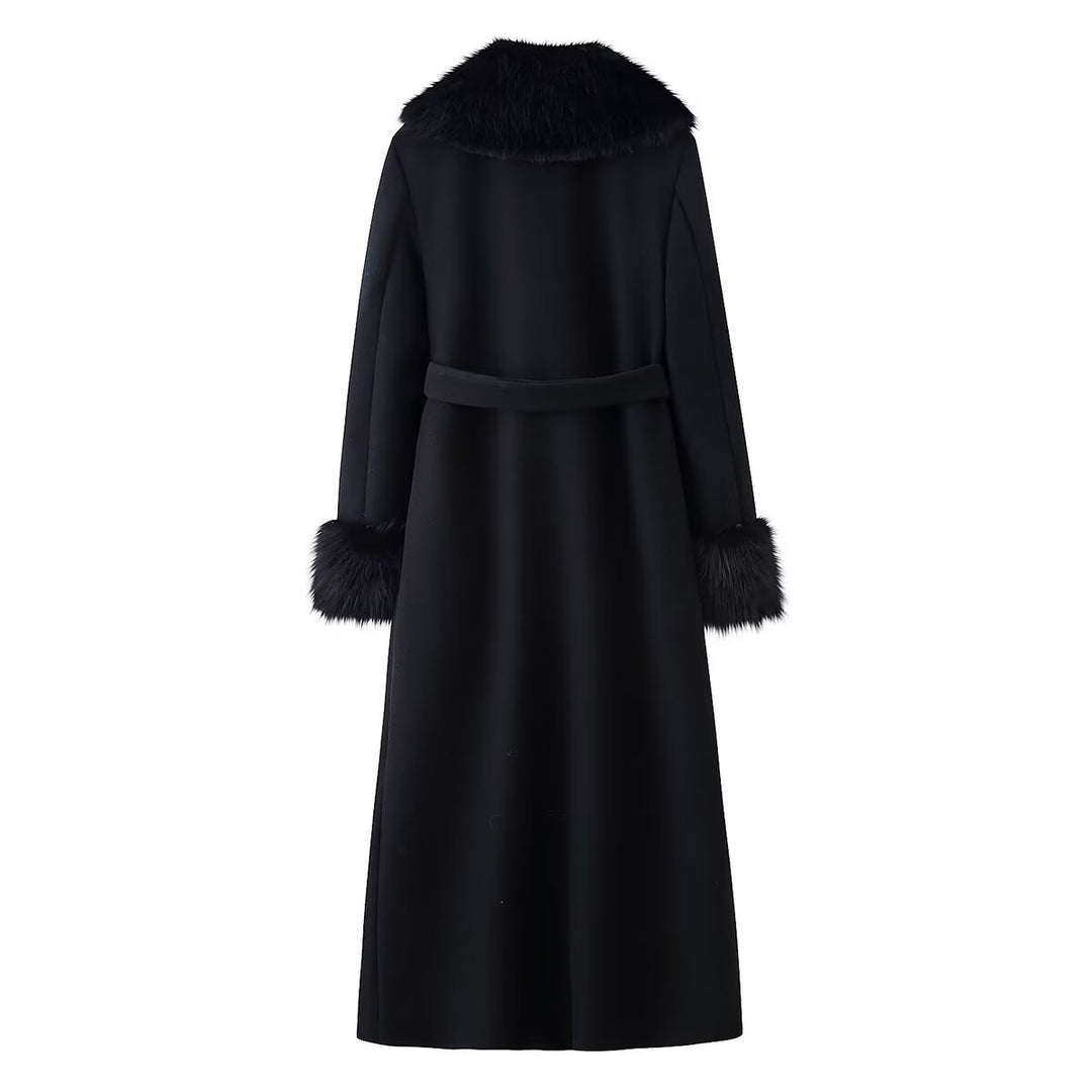 Damen Langer eleganter Wollmix-Mantel mit breitem Kunstfellkragen, Bindegürtel und Fellmanschetten Drune