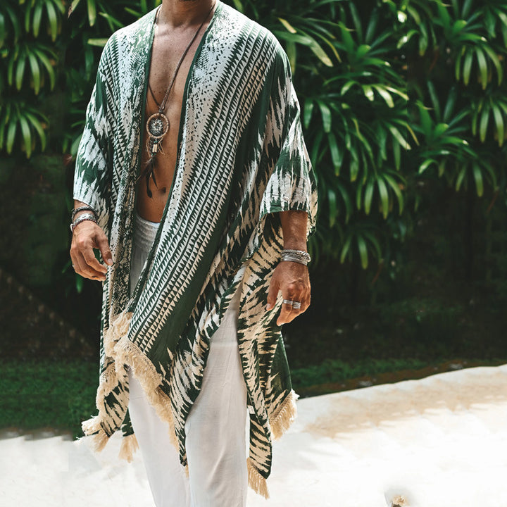 Herren Leichter Ethno-Strandkaftan mit V-Ausschnitt und Fransen Drune