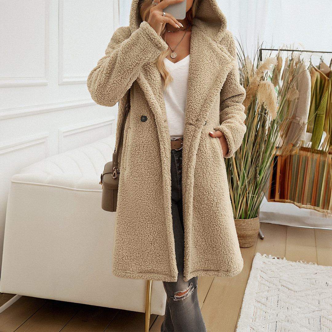 Damen nan kuscheliger Teddy‑Mantel mit Kapuze, doppelreihiger Knopfleiste und Eingrifftaschen Drune