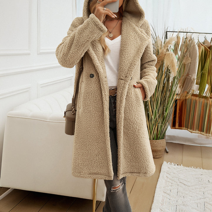 Damen nan kuscheliger Teddy‑Mantel mit Kapuze, doppelreihiger Knopfleiste und Eingrifftaschen Drune