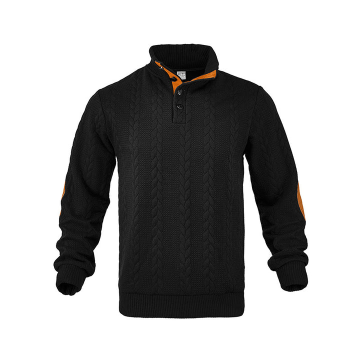 Herren Kabelstrick-Pullover mit Stehkragen, Knopfleiste & Ellbogenpatches Drune