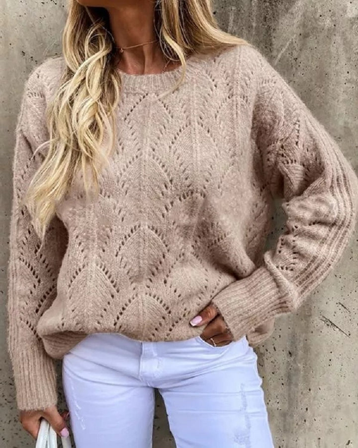 Damen Oversize Ajourstrick-Pullover mit Rundhalsausschnitt Drune