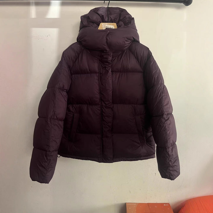 Damen Kurz geschnittene Oversize-Steppjacke mit hohem Kragen und Kapuze Drune