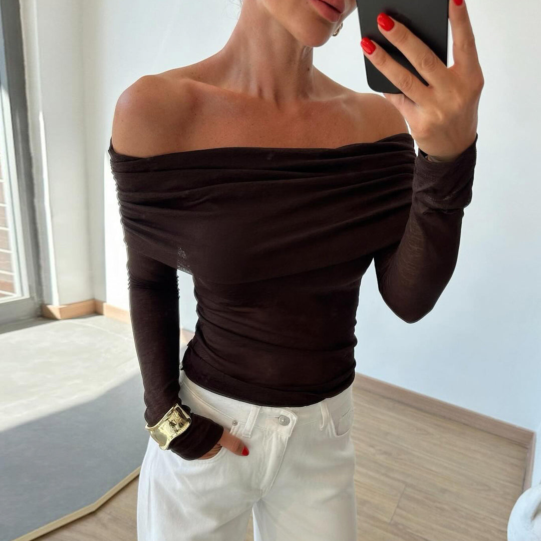 Damen nan schulterfreies Feinstrick-Longsleeve mit gerafftem Umschlagkragen und taillierter Passform Drune
