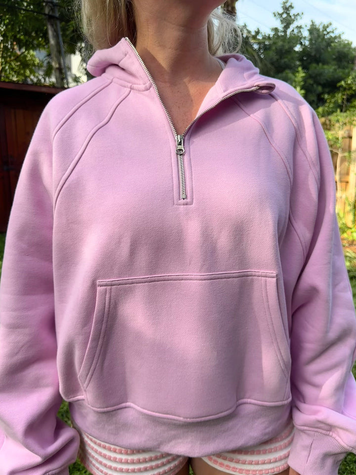 Damen oversized Kapuzenpullover mit kurzem Reißverschluss, Kängurutasche und leichtem Fleecefutter Drune