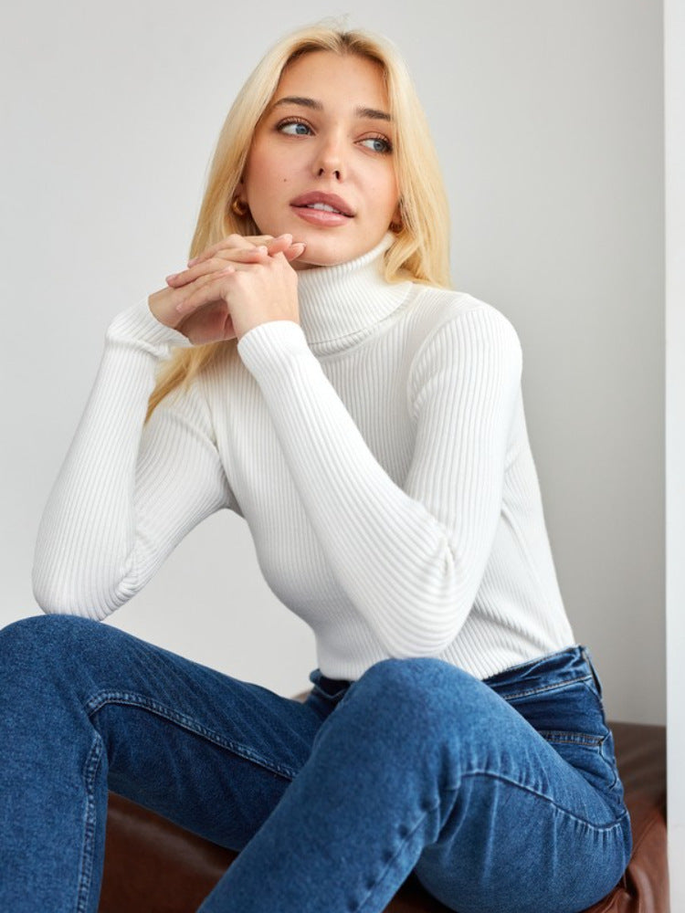 Damen langer Pullover mit hohem Kragen und feiner Rippenstruktur Drune