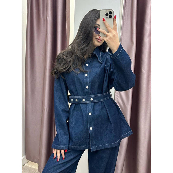 Damen Denim-Blazer-Set im Vintage-Stil mit Taillengürtel Drune