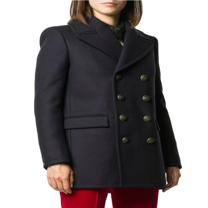 Damen kurztaillierter Zweireihiger Wollmix-Peacoat mit maritimen Details Drune
