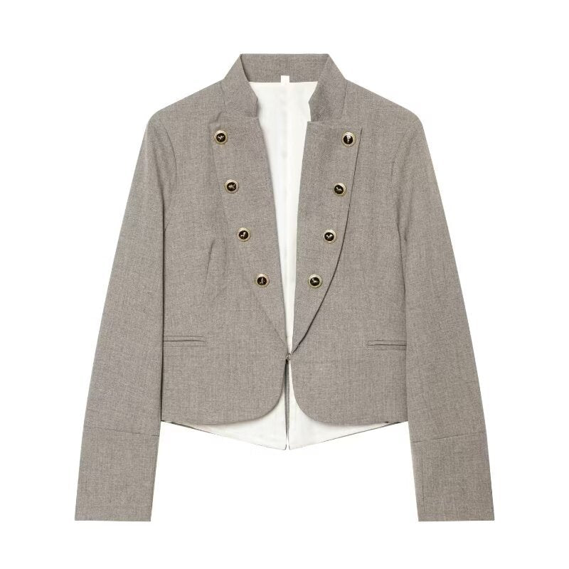 Damen Kurzblazer im Military-Stil mit Stehkragen und dekorativen Knopfreihen Drune