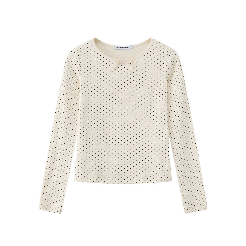 Damen Langarmshirt aus weichem Baumwolljersey mit Pünktchenmuster und Zierknoten Drune