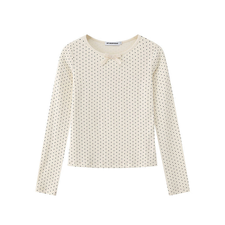 Damen Langarmshirt aus weichem Baumwolljersey mit Pünktchenmuster und Zierknoten Drune