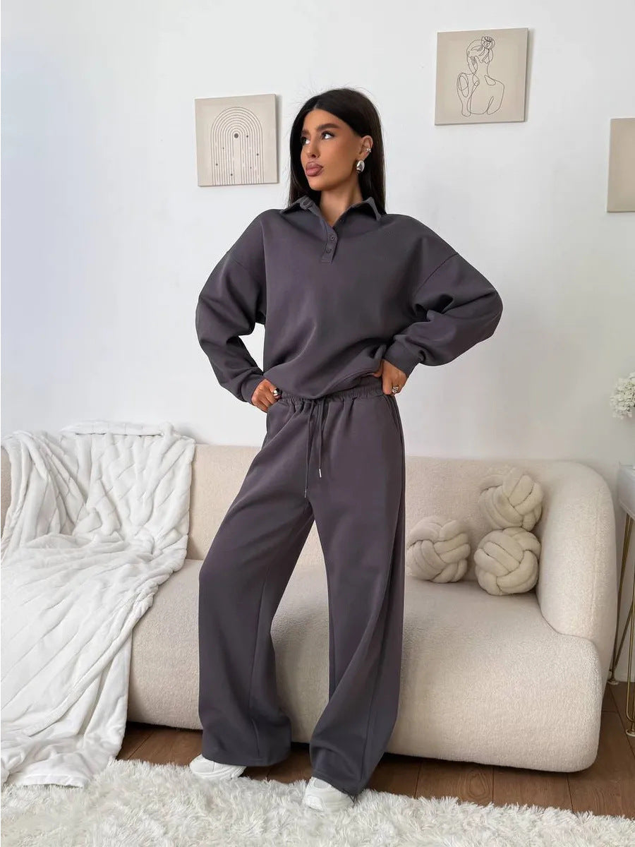 Damen weites Polo-Lounge-Set mit elastischem Tunnelzugbund und Wide‑Leg-Jogginghose Drune